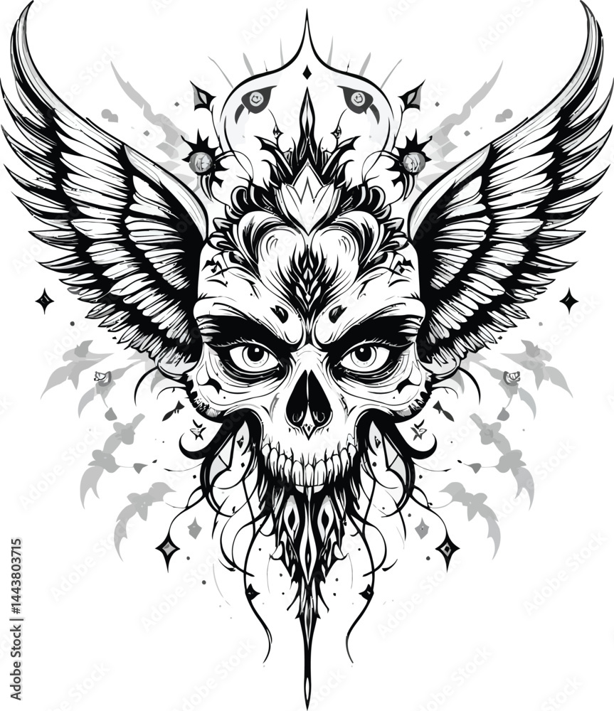 Obraz premium Tattoo Vector, Skull and Wings, Gothic