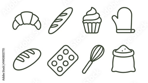 Line vector icons of bakery items: croissant, baguette, cupcake, oven mitt, bread loaf, baking tray, whisk icon, flour bag.