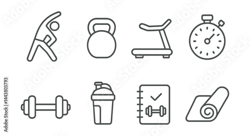 Line vector icons of daily fitness: stretching pose, kettlebell icon, treadmill icon, gym timer, dumbbell, protein shaker, workout log, yoga mat.
