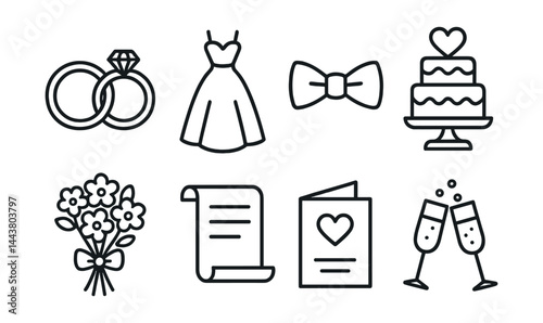 Line vector icons of wedding celebration: wedding rings, bride dress, groom bowtie, wedding cake, bouquet, vow scroll, invitation card, champagne glasses.