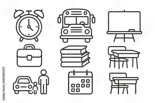 Line vector icons of back to school: alarm clock, school bus, lunchbox icon, chalkboard, stack of books, schedule, parent drop-off, classroom desk.
