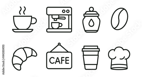 Line vector icons of coffee shop icons: coffee cup, espresso machine, sugar jar, coffee bean, croissant, café sign, to-go cup, barista hat.