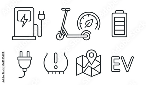 Line vector icons of electric vehicles: EV charging station, electric scooter, eco dashboard, battery icon, plug symbol, tire pressure, GPS map, EV logo.