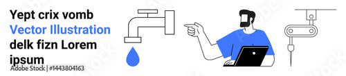 Man pointing at a dripping tap while using a laptop, accompanied by a plumbing tool. Ideal for water management, plumbing, diagnostics, problem-solving, technology, sustainability, flat landing page