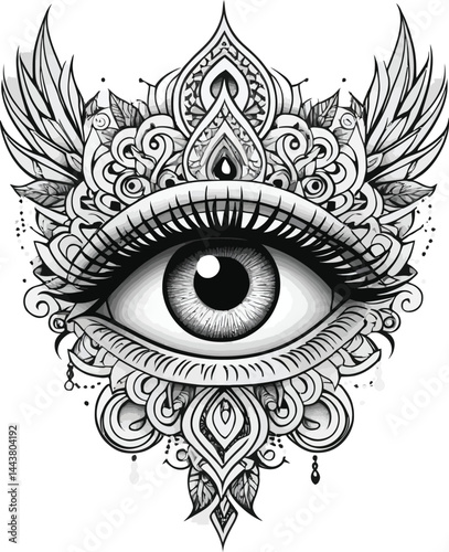 Tattoo Vector, Detailed Eye, Floral