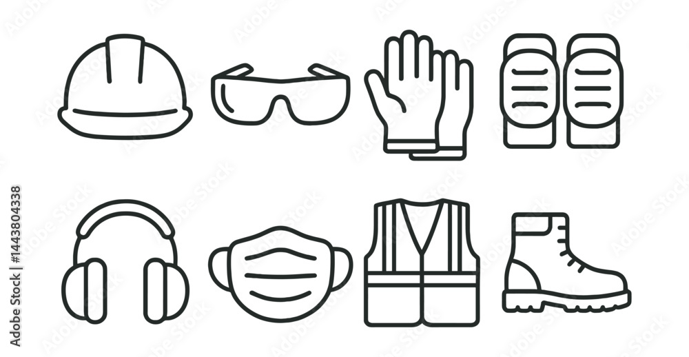 Line vector icons of protective gear: hard hat, safety glasses, gloves, knee pads, ear protection, face mask, safety vest, work boots.