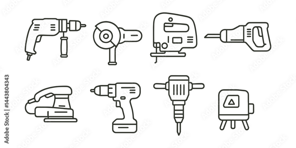 Line style icons of power tools: electric drill, angle grinder, jigsaw, reciprocating saw, orbital sander, cordless drill, jackhammer, laser level.