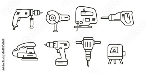 Line style icons of power tools: electric drill, angle grinder, jigsaw, reciprocating saw, orbital sander, cordless drill, jackhammer, laser level.