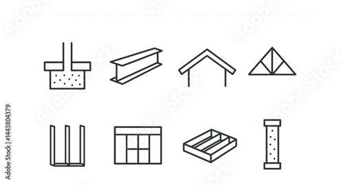 Line style icons of structural components: foundation, beam, roof, trusses, wall studs, ceiling frame, floor joists, concrete column.