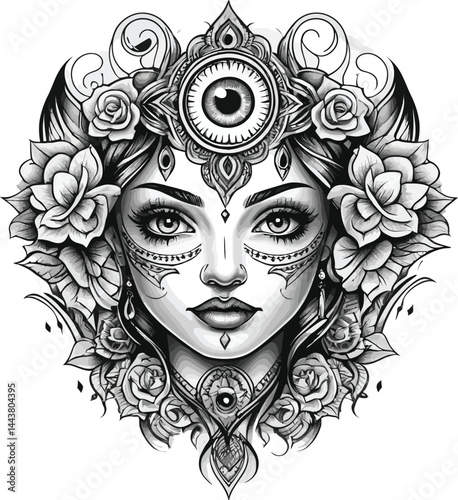 Tattoo Vector, Woman with Eye, Floral