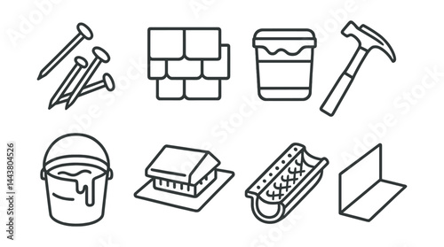 Line style icons of roofing tools and materials: roofing nails, shingles, roofing tar, roofing hammer, tar bucket, roof vent, gutter guard, flashing.