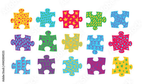 Set of colorful jigsaw puzzle pieces with patterns. Vector decorative elements collection