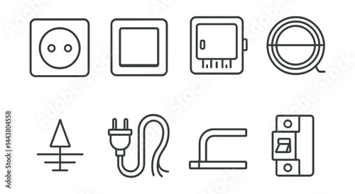 Line style icons of electrical installation: wall socket, light switch, distribution box, wire coil, grounding symbol, power cable, conduit pipe, circuit breaker.
