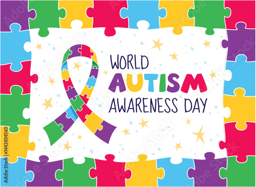 World Autism Awareness Day banner with colorful jigsaw puzzle frame and awareness ribbon. Vector illustration event web banner design