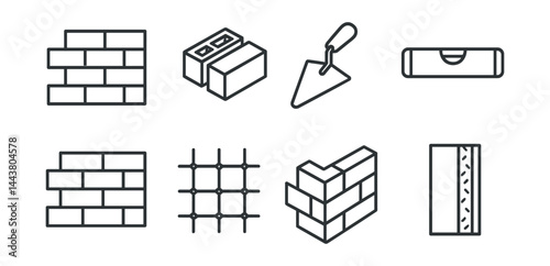 Line style icons of outdoor construction: paving stones, curb stone, concrete slab, landscape rake, soil compactor, streetlight base, fence post, utility box.