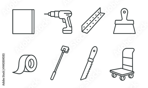 Line vector icons of drywall installation: drywall sheet, screw gun, corner bead, taping knife, joint tape, sanding pole, drywall saw, drywall cart.