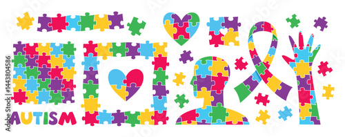 Big elements set with jigsaw puzzle pattern for World Autism Awareness Day. Vector illustrations collection on a white background