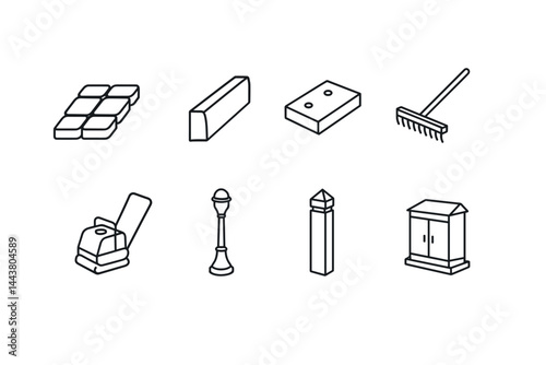 White and black image of various objects including a broom, a box, a chair