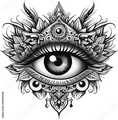 Tattoo Design Vector, Detailed Eye, Ornamental