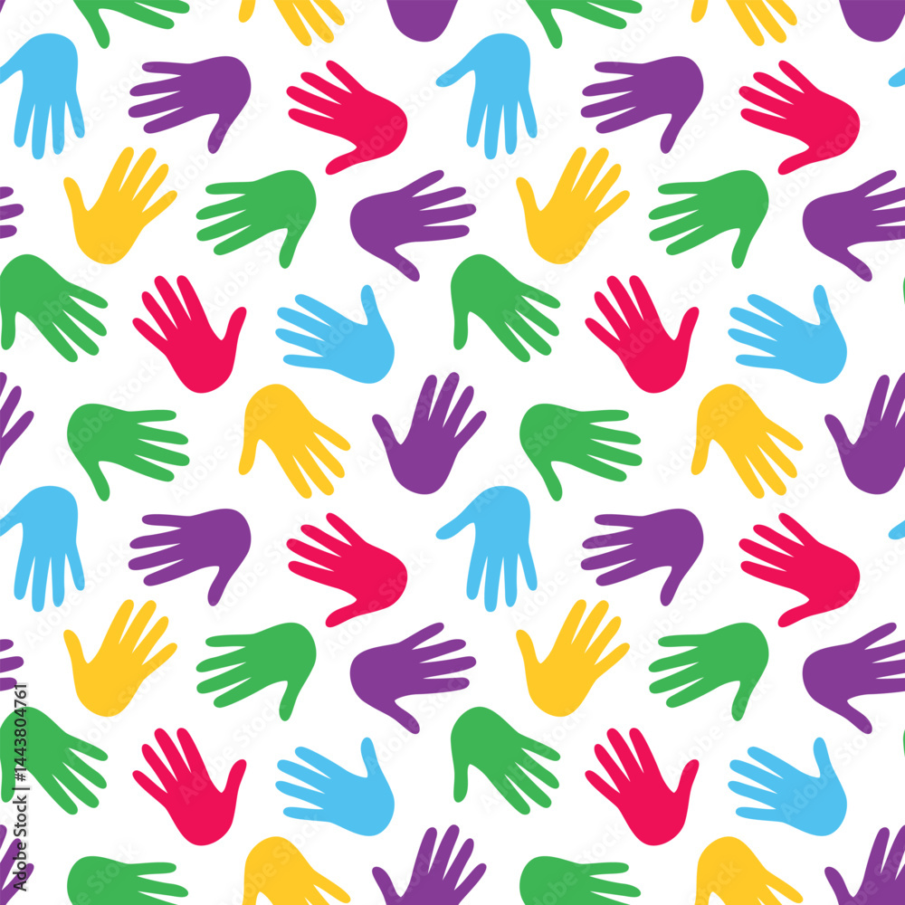 Seamless pattern with bright multicolored palms of hands. Vector background design with various handprints for wrapping paper, textile and fabrics Seamless pattern with bright multicolored palms of hands. Vector background design with various handprints for wrapping paper, textile and fabrics