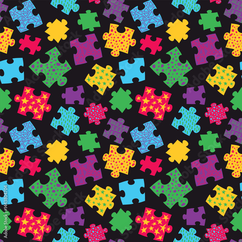 Seamless pattern with bright multicolored puzzle pieces. Vector background design with bright elements for wrapping paper, textile and fabrics