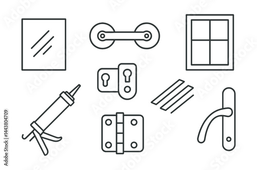 Line style icons of glass and window work: glass pane, suction lifter, window frame, glazing beads, caulk gun, window lock, hinge, sash handle.
