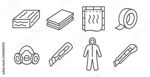 Line vector icons of insulation installation: rock wool, foam board, vapor barrier, insulation tape, safety mask, knife, protective coverall, measuring knife.