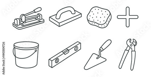 Line style icons of tiling tools: tile cutter, grout float, sponge, tile spacer, mixing bucket, level, trowel, tile nipper.