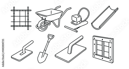 Line style of concrete pouring tools: rebar frame, wheelbarrow, screed board, concrete vibrator, chute, float, shovel, formwork panel.