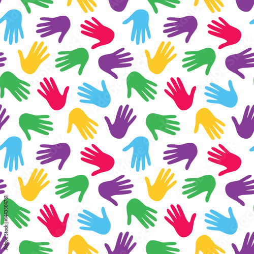 Seamless pattern with bright multicolored palms of hands. Vector background design with various handprints for wrapping paper, textile and fabrics