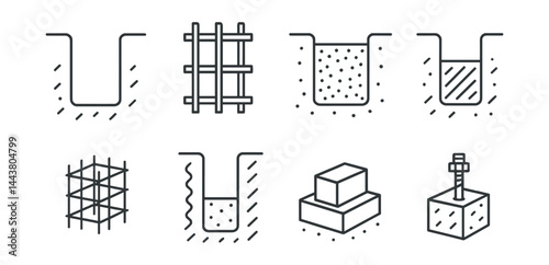 Line vector icons of foundation work: trench, concrete form, gravel base, poured concrete, rebar cage, waterproof layer, footing block, anchor bolt.