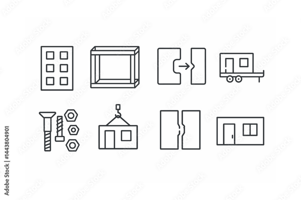 Line style icons of modular building: prefab panel, steel frame, module connection, transport trailer, fastener kit, crane lift, panel joint, finished module.