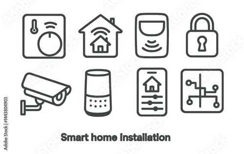 Line style icons of smart home installation: thermostat, control hub, motion sensor, smart lock, camera, speaker, app interface, wiring diagram.