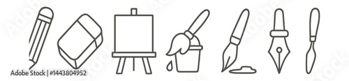 Line style icons of drawing tools: pencil, eraser, canvas, paint bucket, brush, pen, smudge tool, palette knife.