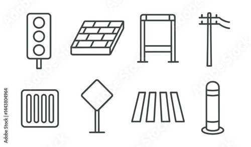 Line style icons of urban construction: traffic lights, street paving, sidewalk frame, utility pole, storm drain, traffic sign, crosswalk, street bollard.