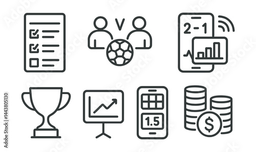 Line style icons of sports betting: bet slip, match icon, score chart, live odds, trophy, statistics board, betting app, currency stack.