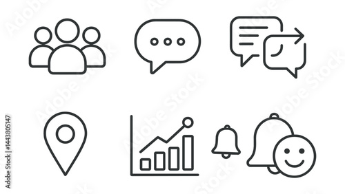 Line vector icons of social communities: group avatar, comment bubble, forum thread, shared post, pin icon, poll icon, notification ring, reaction emoji.