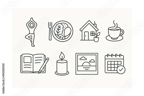 Line vector icons of lifestyle concepts: yoga pose, healthy meal, cozy home, coffee cup, journal, candle icon, sunset view, weekend plan.