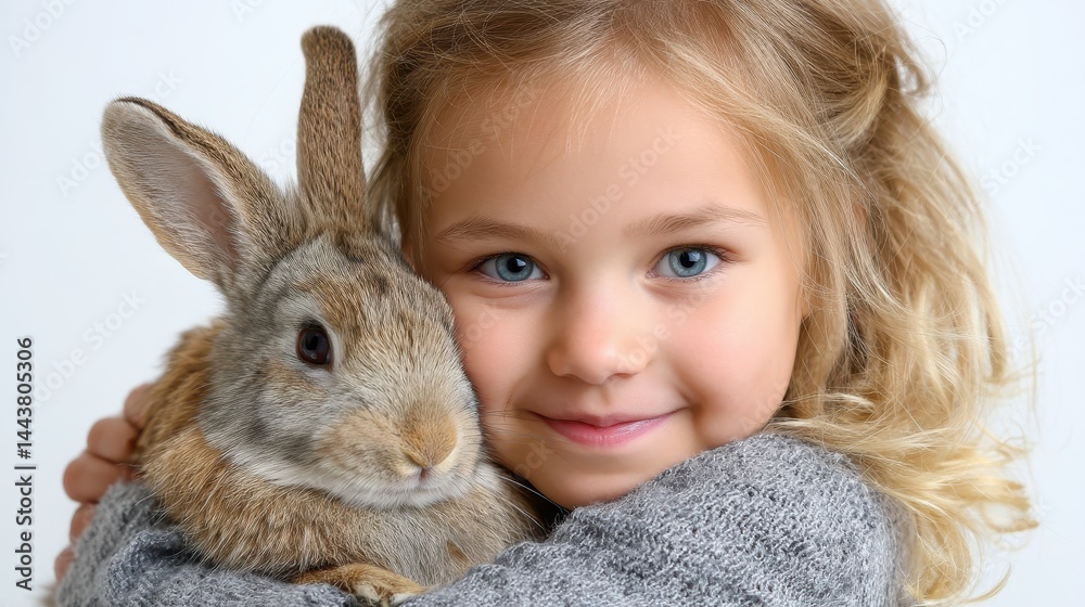 This enchanting image shows a young girl with curly hair, smiling brightly as she cradles a cute rabbit, conveying warmth, affection, and a love for animals in a cozy setting. This enchanting image shows a young girl with curly hair, smiling brightly as she cradles a cute rabbit, conveying warmth, affection, and a love for animals in a cozy setting.
