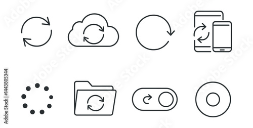 Line vector icons of data synchronization: sync arrows, cloud refresh, auto-update icon, linked devices, progress circle, backup icon, real-time toggle, status indicator.