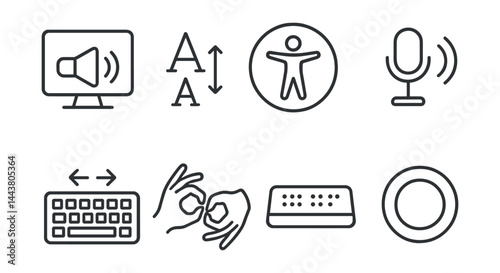 Line vector icons of accessibility features: screen reader, font size control, high contrast mode, voice command, keyboard nav, sign language icon, braille display, focus ring.