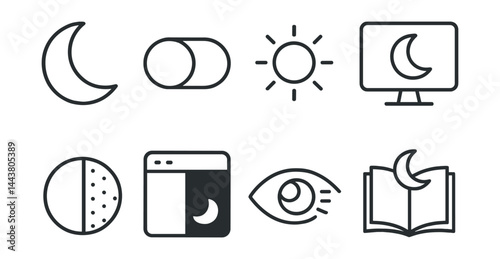 Line style icons of dark mode UI: moon icon, toggle switch, low brightness, night screen, inverted contrast, dark UI panel, eye comfort icon, night reading.