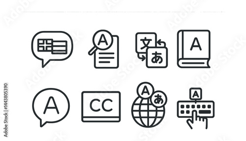 Line style icons of multilingual interfaces: text bubble with flags, auto-detect language, translation switch, dictionary icon, speech bubble, subtitles, globe with languages, input method.