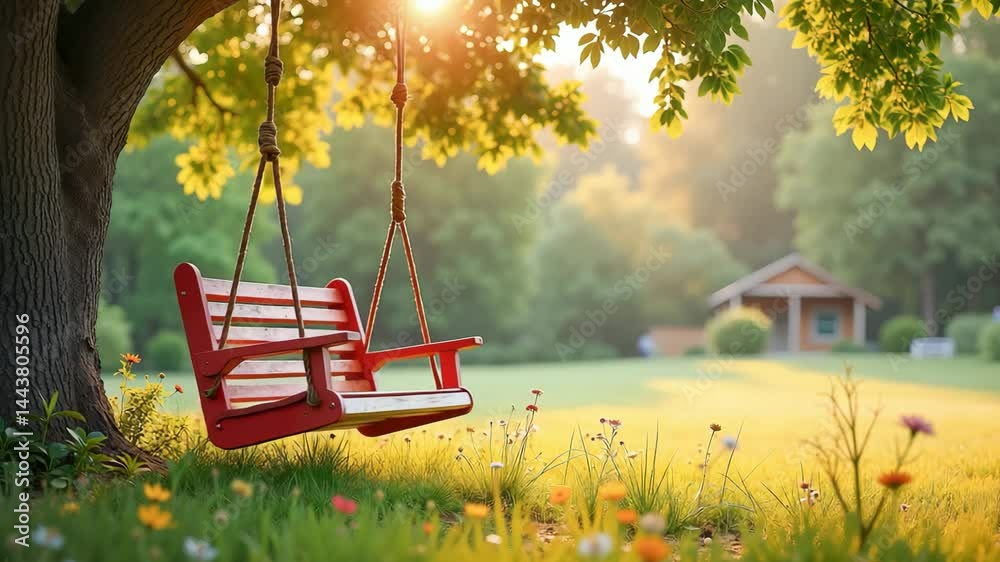 4K motion video of romantic red bench swing swaying under leafy tree in colorful sunny meadow with daisies and summer glow