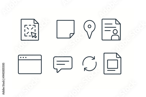Line vector icons of digital workspace tools: drag-and-drop, sticky note, comment tag, shared doc, workspace tab, chat box, live sync, file preview.