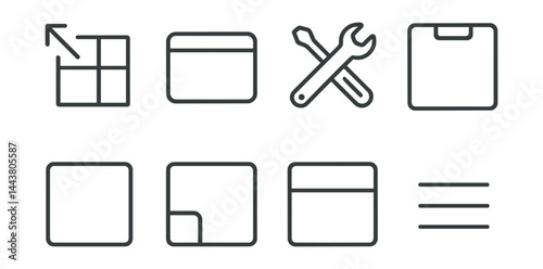 Line style icons of modular interface: drag tile, widget frame, customization icon, layout slot, module block, resize corner, content panel, reorder handle.