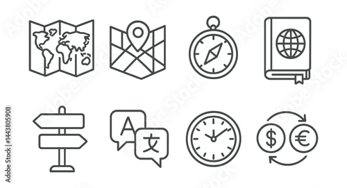 Line vector icons of global travel tools: world map, city map, compass, travel guidebook, road sign, language translator, time zone clock, currency exchange.