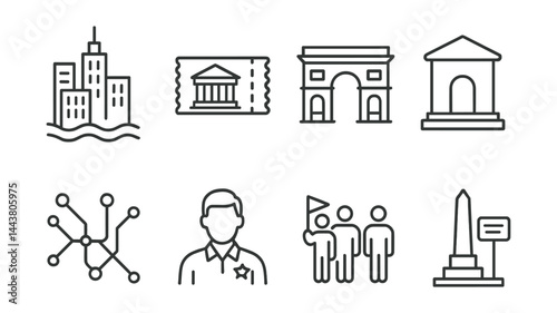 Line vector icons of urban tourism: city skyline, museum ticket, historical monument, street café, subway map, local guide, group tour, monument sign.