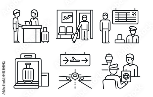 Line vector icons of airport scenes: check-in counter, boarding gate, departure board, security check, luggage scanner, terminal sign, runway view, passport control.