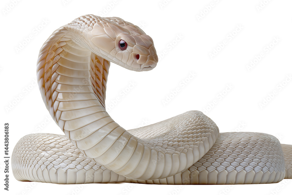 Fototapeta premium Ethereal Majesty: Albino Cobra in Striking Pose isolated on white